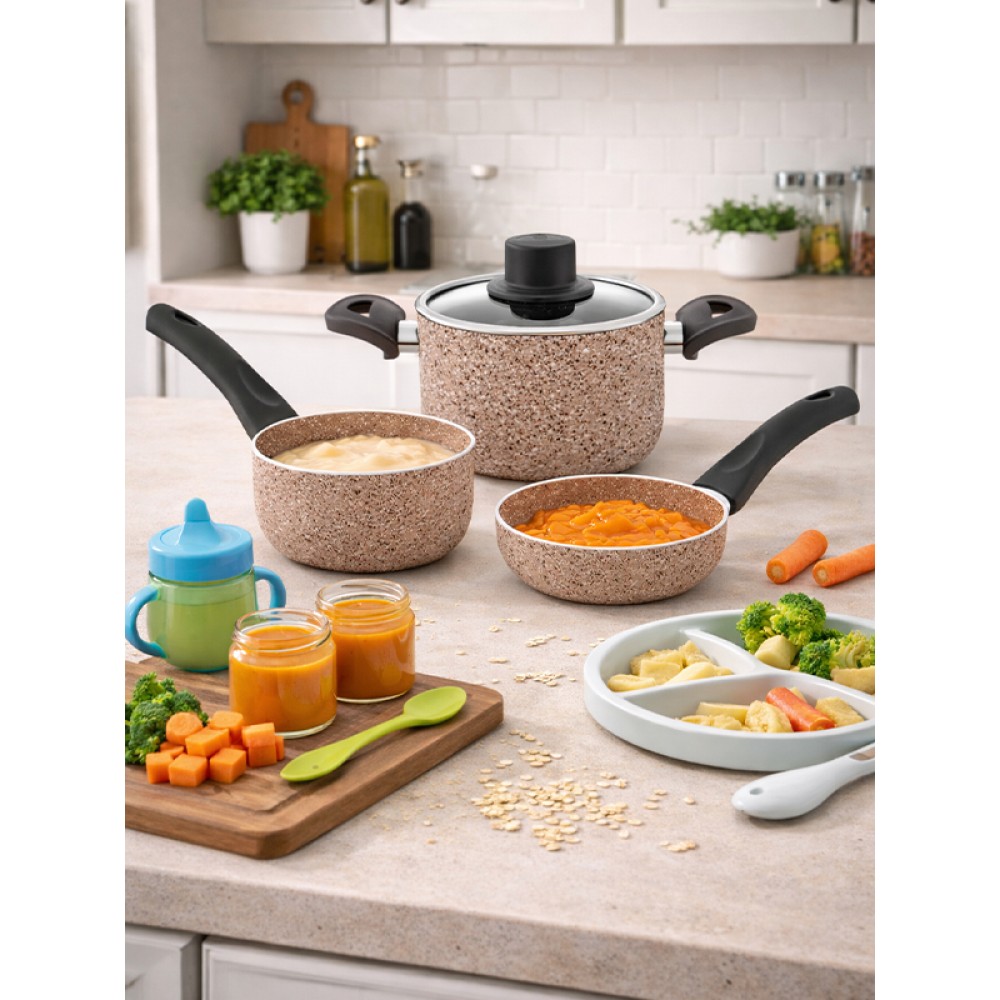 EMEL 12 Cm Mini Tencere Seti BEJ (EK GIDA MAMA SETİ)