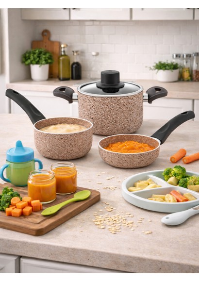 EMEL 12 Cm Mini Tencere Seti BEJ (EK GIDA MAMA SETİ)