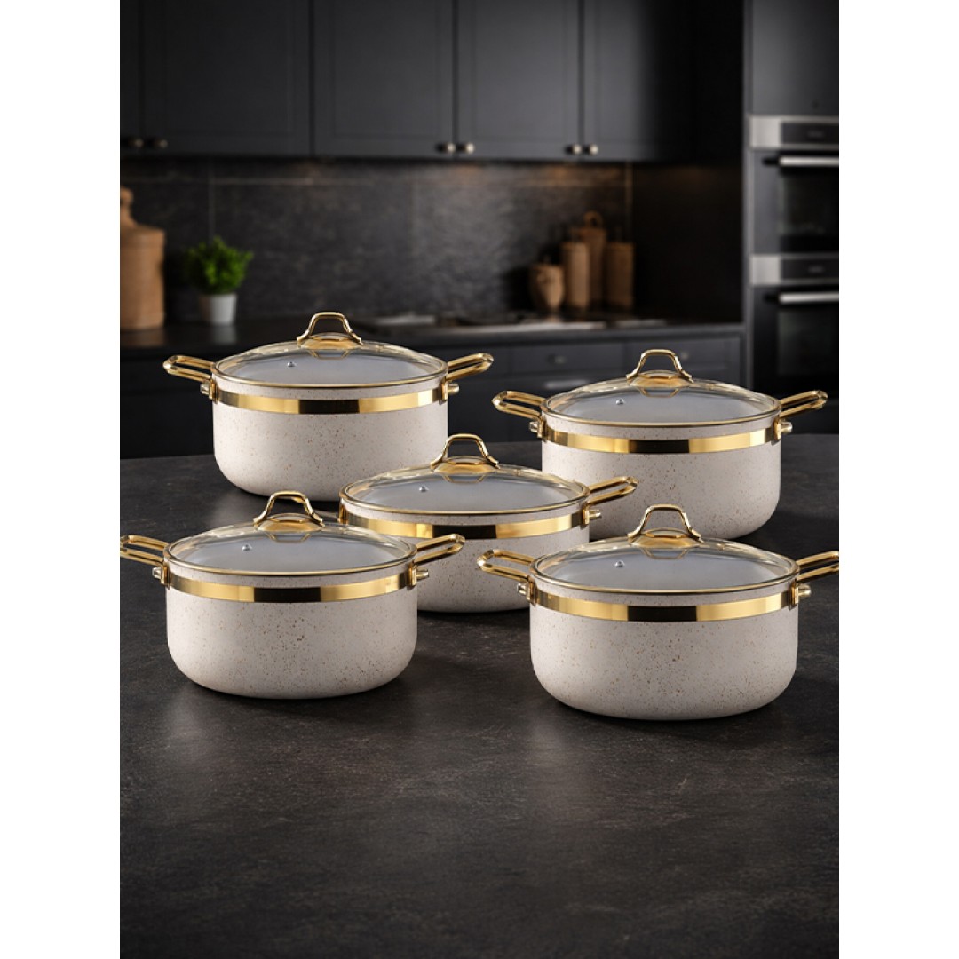 EMEL 10 Parça Altın Kulplu Granit Tencere Seti EMEL 10 Parça Altın Kulplu Granit Tencere Seti