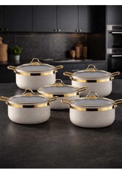 EMEL 10 Parça Altın Kulplu Granit Tencere Seti